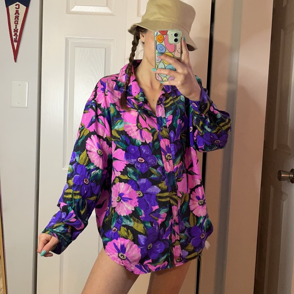 Vintage Colorful Silk Floral Button Down Long Sleeve Size Medium